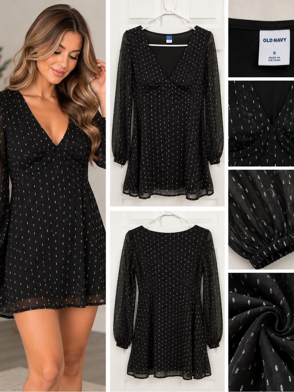 Old Navy Black Mini Dress with Silver Dot Print